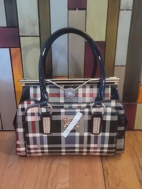 Checkered Patent Satchel Handbag in Black and White